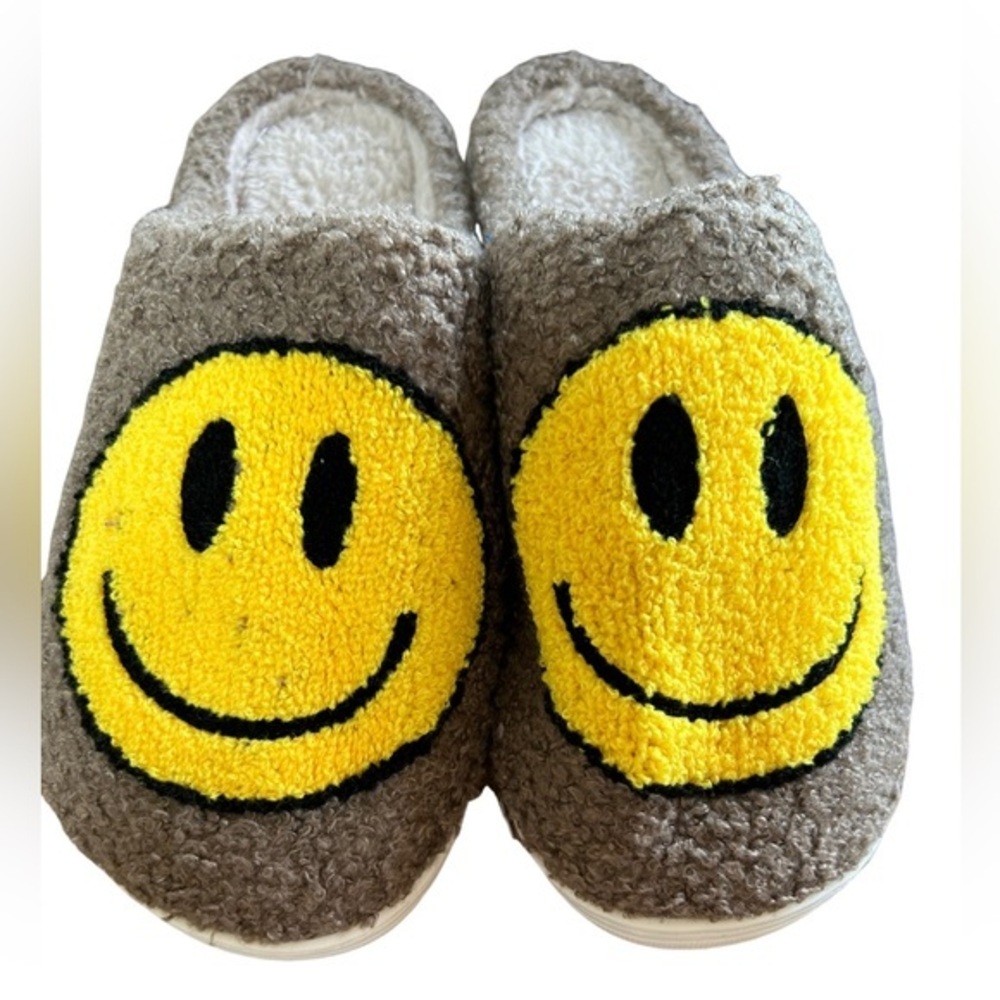 Yellow and Brown Plush Slippers with Smiley Faces